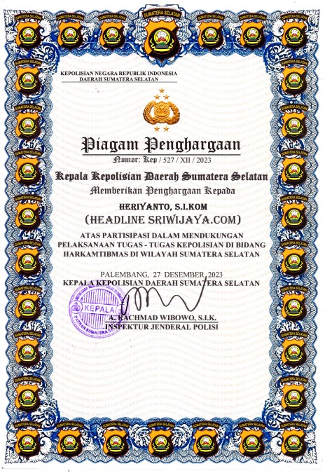 Kapolda Sumsel Berikan Penghargaan Kepada Media Headline Sriwijaya