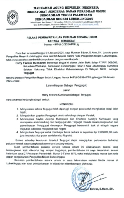 Pemberitahuan Putusan Kepada Tergugat Perkara Nomor 44/ Pdt.G/2024/PN Llg
