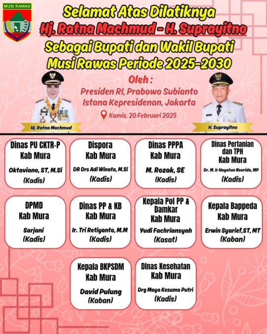 Selamat & sukses atas dilantiknya Hj Ratna Machmud dan H.Suprayitno Sebagai Bupati dan Wakil Bupati Kabupaten Musi Rawas Periode Th 2025 -2030